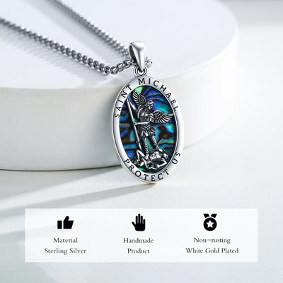 Abalone Shell Saint Michael Pendant Necklace in 925 Sterling Silver