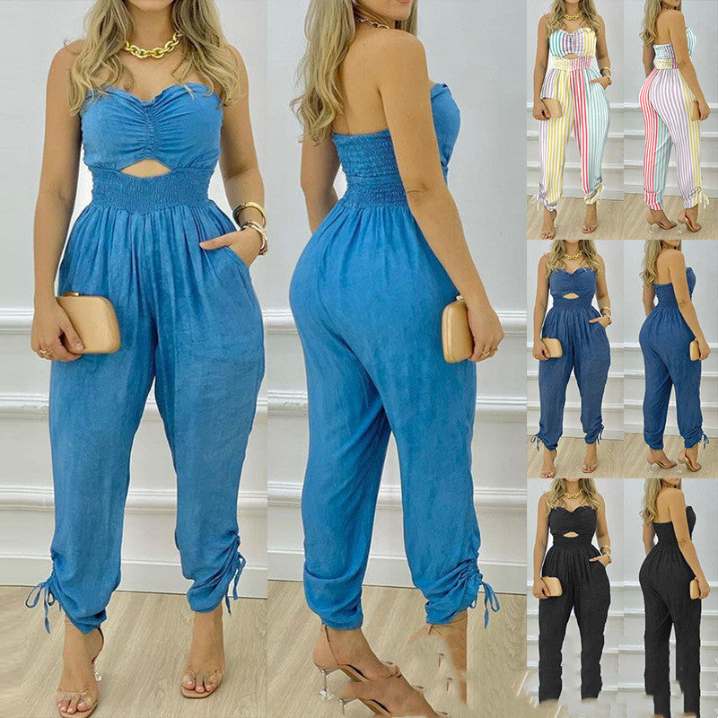 European And American Women's New Blue Tube Top One-piece Trousers