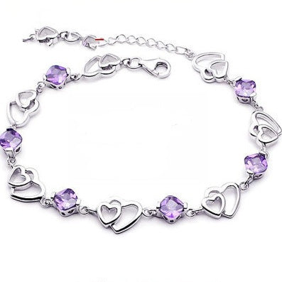 S925 sterling silver bracelet double heart amethyst bracelet