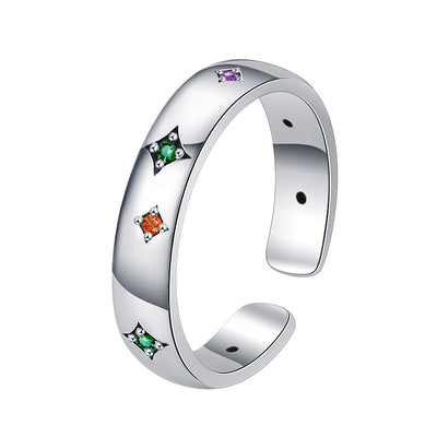 French Light Luxury Wind Full Body S925 Sterling Silver Star Retro Inlaid Color Star Ring Index Finger