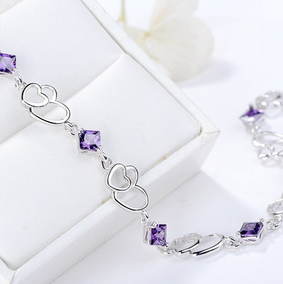 S925 sterling silver bracelet double heart amethyst bracelet