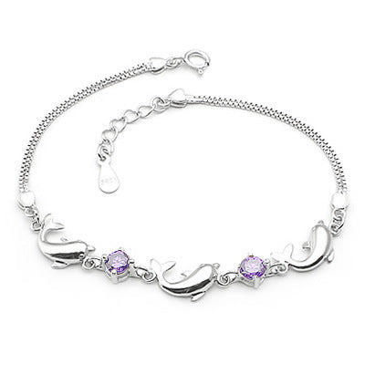 925 Sterling Silver Bracelet Wholesale, Dolphin Amethyst Bracelet, Women's Short Silver Jewelry