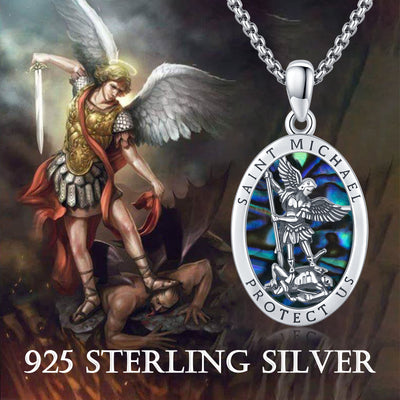 Abalone Shell Saint Michael Pendant Necklace in 925 Sterling Silver