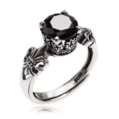 925 Thai Silver Crown Black Agate Diamond Ring